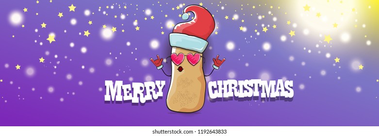 vector funky cartoon smiling santa claus potato with red santa hat and calligraphic christmas text on horizontal violet background with blur and lights. vegetable funky christmas food character