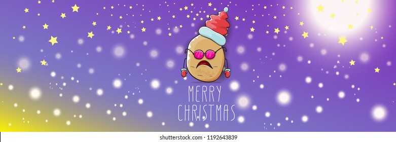 vector funky cartoon smiling santa claus potato with red santa hat and calligraphic christmas text on horizontal violet background with blur and lights. vegetable funky christmas food character