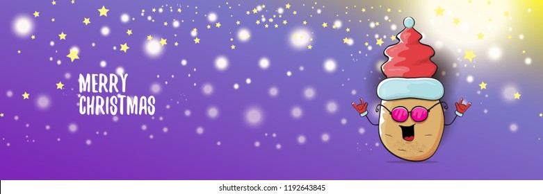 vector funky cartoon smiling santa claus potato with red santa hat and calligraphic christmas text on horizontal violet background with blur and lights. vegetable funky christmas food character
