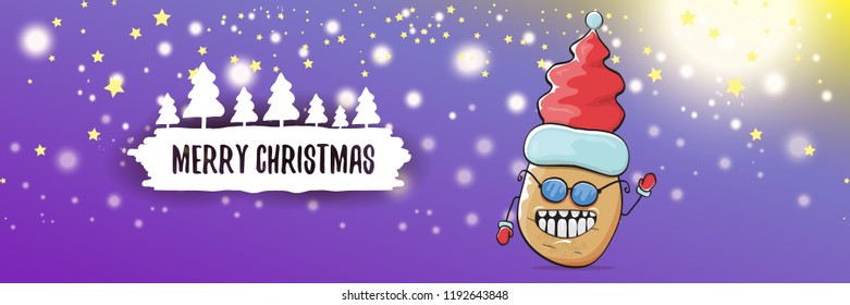 vector funky cartoon smiling santa claus potato with red santa hat and calligraphic christmas text on horizontal violet background with blur and lights. vegetable funky christmas food character