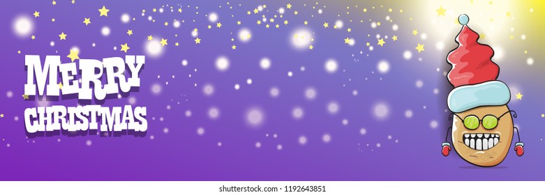 vector funky cartoon smiling santa claus potato with red santa hat and calligraphic christmas text on horizontal violet background with blur and lights. vegetable funky christmas food character