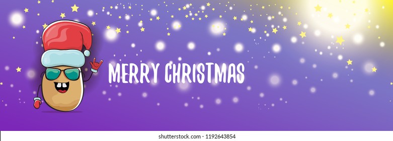 vector funky cartoon smiling santa claus potato with red santa hat and calligraphic christmas text on horizontal violet background with blur and lights. vegetable funky christmas food character