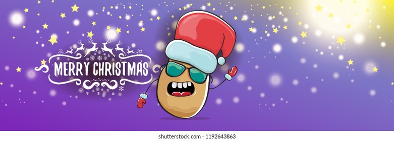 vector funky cartoon smiling santa claus potato with red santa hat and calligraphic christmas text on horizontal violet background with blur and lights. vegetable funky christmas food character