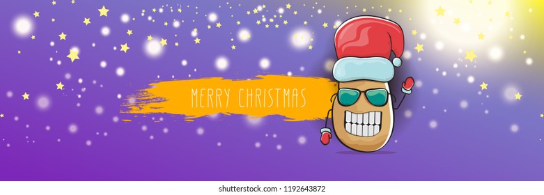 vector funky cartoon smiling santa claus potato with red santa hat and calligraphic christmas text on horizontal violet background with blur and lights. vegetable funky christmas food character