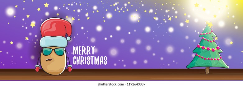 vector funky cartoon smiling santa claus potato with red santa hat and calligraphic christmas text on horizontal violet background with blur and lights. vegetable funky christmas food character