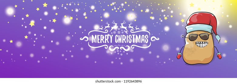 vector funky cartoon smiling santa claus potato with red santa hat and calligraphic christmas text on horizontal violet background with blur and lights. vegetable funky christmas food character