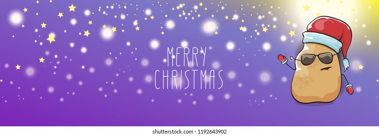 vector funky cartoon smiling santa claus potato with red santa hat and calligraphic christmas text on horizontal violet background with blur and lights. vegetable funky christmas food character