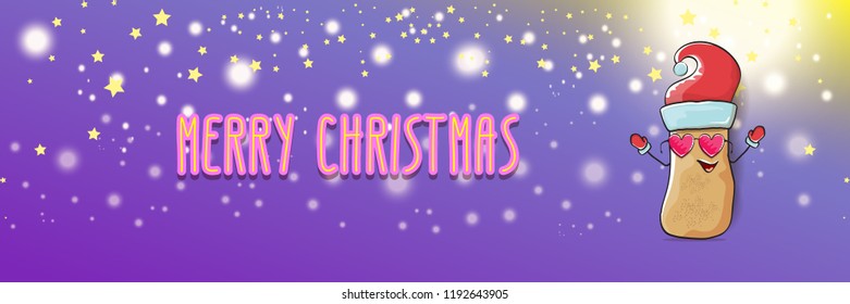 vector funky cartoon smiling santa claus potato with red santa hat and calligraphic christmas text on horizontal violet background with blur and lights. vegetable funky christmas food character