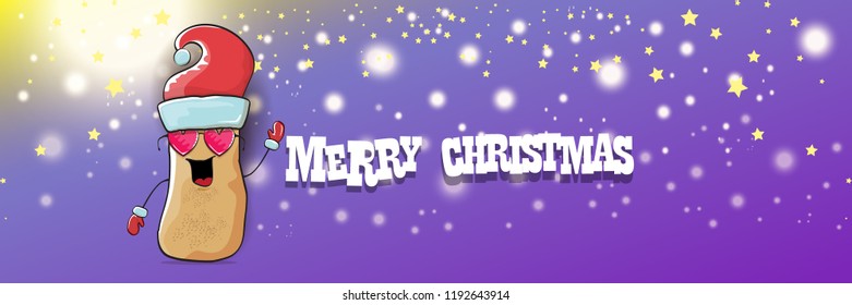 vector funky cartoon smiling santa claus potato with red santa hat and calligraphic christmas text on horizontal violet background with blur and lights. vegetable funky christmas food character