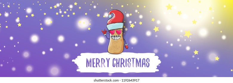 vector funky cartoon smiling santa claus potato with red santa hat and calligraphic christmas text on horizontal violet background with blur and lights. vegetable funky christmas food character