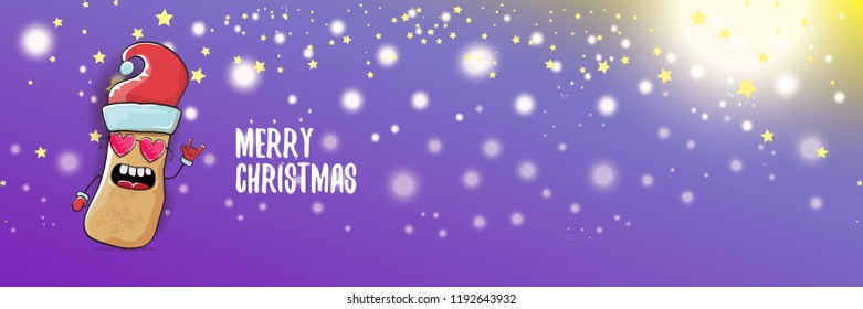 vector funky cartoon smiling santa claus potato with red santa hat and calligraphic christmas text on horizontal violet background with blur and lights. vegetable funky christmas food character