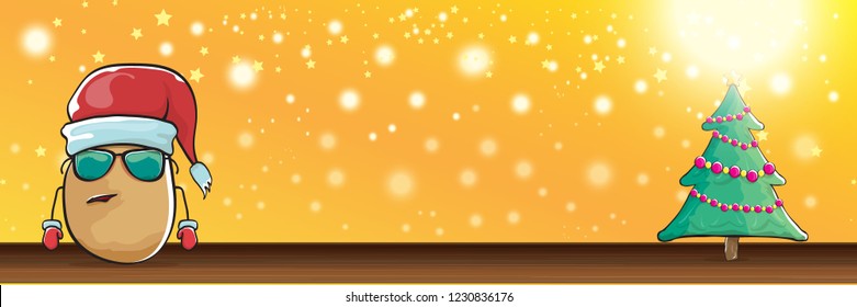 vector funky cartoon smiling santa claus potato with red santa hat and calligraphic christmas text on horizontal orange background with blur and lights. vegetable funky christmas food character