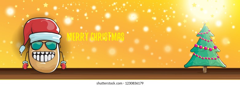 vector funky cartoon smiling santa claus potato with red santa hat and calligraphic christmas text on horizontal orange background with blur and lights. vegetable funky christmas food character