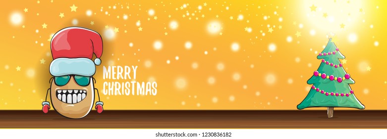 vector funky cartoon smiling santa claus potato with red santa hat and calligraphic christmas text on horizontal orange background with blur and lights. vegetable funky christmas food character