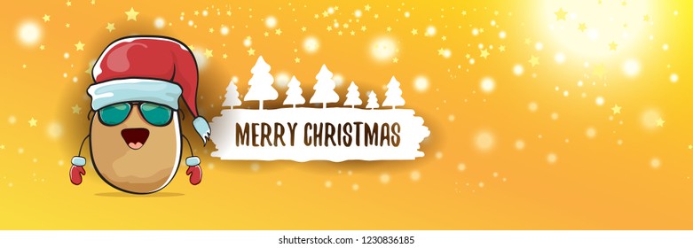 vector funky cartoon smiling santa claus potato with red santa hat and calligraphic christmas text on horizontal orange background with blur and lights. vegetable funky christmas food character