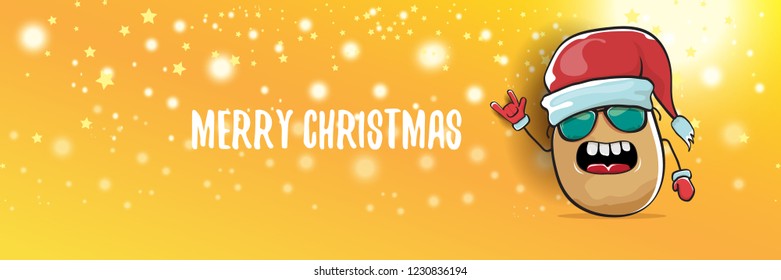 vector funky cartoon smiling santa claus potato with red santa hat and calligraphic christmas text on horizontal orange background with blur and lights. vegetable funky christmas food character