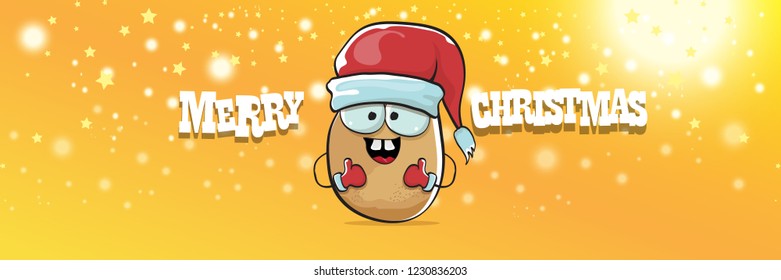 vector funky cartoon smiling santa claus potato with red santa hat and calligraphic christmas text on horizontal orange background with blur and lights. vegetable funky christmas food character