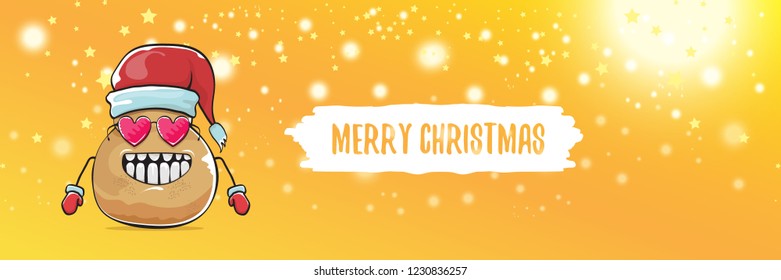 vector funky cartoon smiling santa claus potato with red santa hat and calligraphic christmas text on horizontal orange background with blur and lights. vegetable funky christmas food character