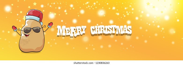 vector funky cartoon smiling santa claus potato with red santa hat and calligraphic christmas text on horizontal orange background with blur and lights. vegetable funky christmas food character