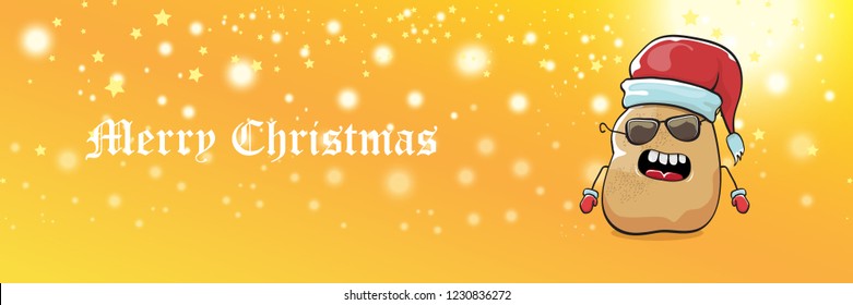 vector funky cartoon smiling santa claus potato with red santa hat and calligraphic christmas text on horizontal orange background with blur and lights. vegetable funky christmas food character