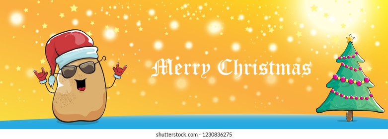 vector funky cartoon smiling santa claus potato with red santa hat and calligraphic christmas text on horizontal orange background with blur and lights. vegetable funky christmas food character