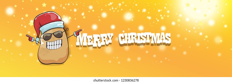 vector funky cartoon smiling santa claus potato with red santa hat and calligraphic christmas text on horizontal orange background with blur and lights. vegetable funky christmas food character