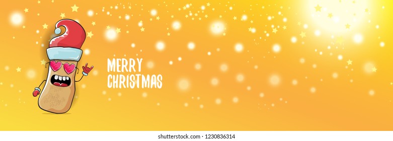 vector funky cartoon smiling santa claus potato with red santa hat and calligraphic christmas text on horizontal orange background with blur and lights. vegetable funky christmas food character