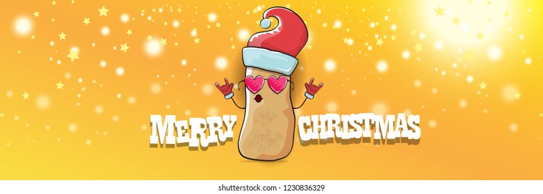 vector funky cartoon smiling santa claus potato with red santa hat and calligraphic christmas text on horizontal orange background with blur and lights. vegetable funky christmas food character