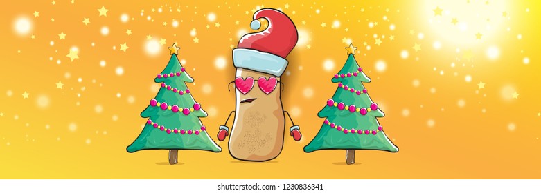vector funky cartoon smiling santa claus potato with red santa hat and calligraphic christmas text on horizontal orange background with blur and lights. vegetable funky christmas food character