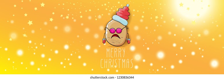 vector funky cartoon smiling santa claus potato with red santa hat and calligraphic christmas text on horizontal orange background with blur and lights. vegetable funky christmas food character