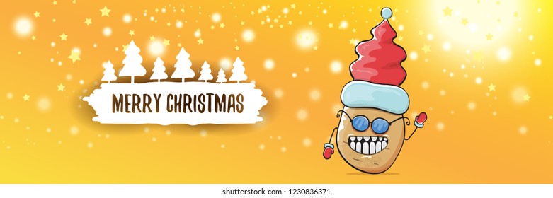 vector funky cartoon smiling santa claus potato with red santa hat and calligraphic christmas text on horizontal orange background with blur and lights. vegetable funky christmas food character