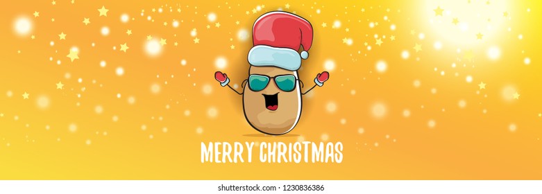 vector funky cartoon smiling santa claus potato with red santa hat and calligraphic christmas text on horizontal orange background with blur and lights. vegetable funky christmas food character