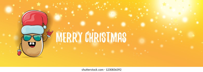 vector funky cartoon smiling santa claus potato with red santa hat and calligraphic christmas text on horizontal orange background with blur and lights. vegetable funky christmas food character