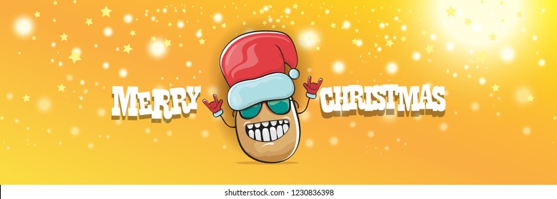 vector funky cartoon smiling santa claus potato with red santa hat and calligraphic christmas text on horizontal orange background with blur and lights. vegetable funky christmas food character