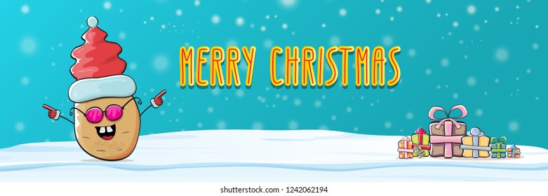 vector funky cartoon smiling santa claus potato with red santa hat, falling snow and calligraphic christmas text on horizontal azure background with blur and lights. Horizontal christmas banner 