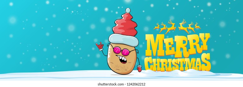vector funky cartoon smiling santa claus potato with red santa hat, falling snow and calligraphic christmas text on horizontal azure background with blur and lights. Horizontal christmas banner 
