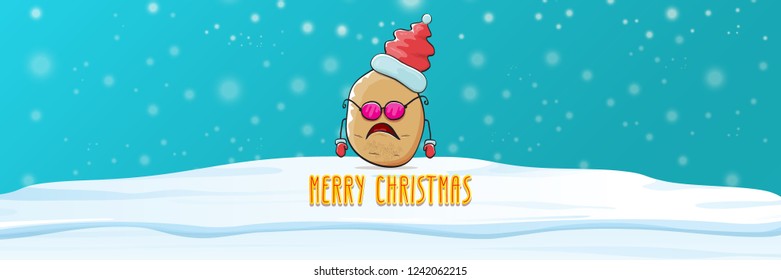vector funky cartoon smiling santa claus potato with red santa hat, falling snow and calligraphic christmas text on horizontal azure background with blur and lights. Horizontal christmas banner 