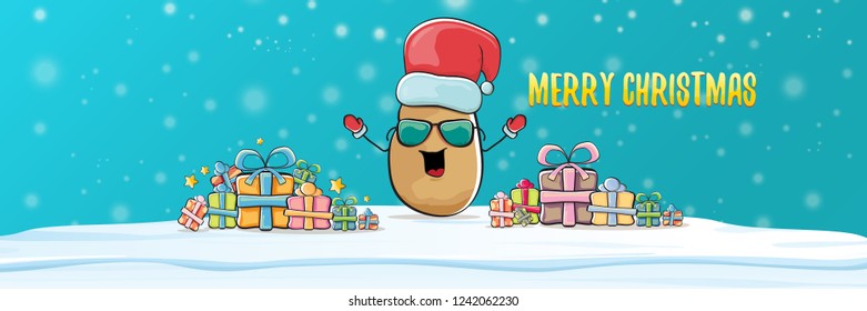 vector funky cartoon smiling santa claus potato with red santa hat, falling snow and calligraphic christmas text on horizontal azure background with blur and lights. Horizontal christmas banner 