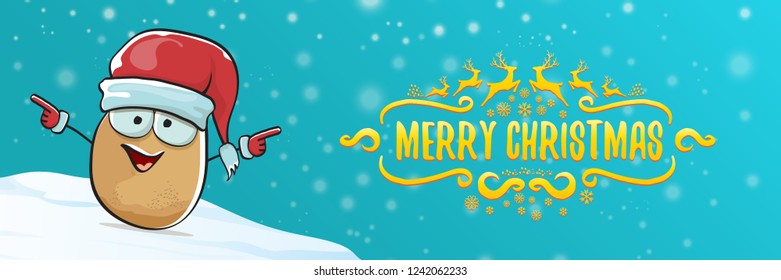 vector funky cartoon smiling santa claus potato with red santa hat, falling snow and calligraphic christmas text on horizontal azure background with blur and lights. Horizontal christmas banner 