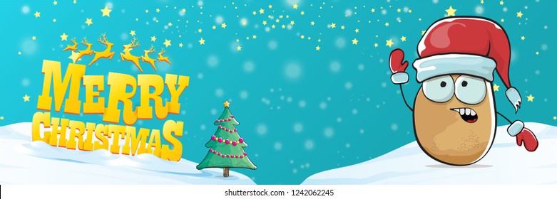 vector funky cartoon smiling santa claus potato with red santa hat, falling snow and calligraphic christmas text on horizontal azure background with blur and lights. Horizontal christmas banner 