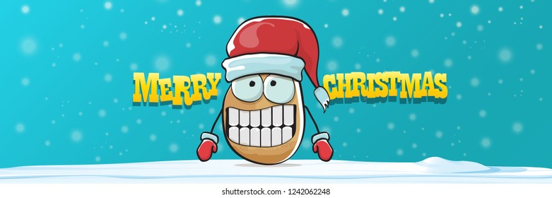 vector funky cartoon smiling santa claus potato with red santa hat, falling snow and calligraphic christmas text on horizontal azure background with blur and lights. Horizontal christmas banner 