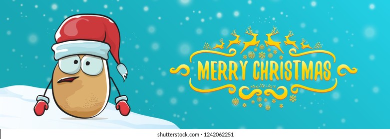 vector funky cartoon smiling santa claus potato with red santa hat, falling snow and calligraphic christmas text on horizontal azure background with blur and lights. Horizontal christmas banner 