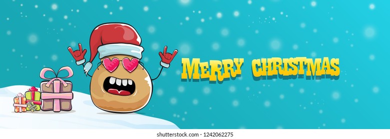 vector funky cartoon smiling santa claus potato with red santa hat, falling snow and calligraphic christmas text on horizontal azure background with blur and lights. Horizontal christmas banner 