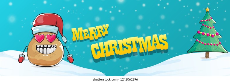 vector funky cartoon smiling santa claus potato with red santa hat, falling snow and calligraphic christmas text on horizontal azure background with blur and lights. Horizontal christmas banner 