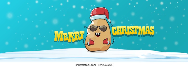 vector funky cartoon smiling santa claus potato with red santa hat, falling snow and calligraphic christmas text on horizontal azure background with blur and lights. Horizontal christmas banner 