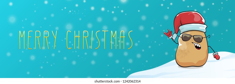 vector funky cartoon smiling santa claus potato with red santa hat, falling snow and calligraphic christmas text on horizontal azure background with blur and lights. Horizontal christmas banner 