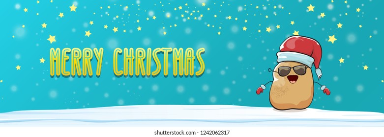 vector funky cartoon smiling santa claus potato with red santa hat, falling snow and calligraphic christmas text on horizontal azure background with blur and lights. Horizontal christmas banner 