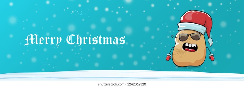 vector funky cartoon smiling santa claus potato with red santa hat, falling snow and calligraphic christmas text on horizontal azure background with blur and lights. Horizontal christmas banner 