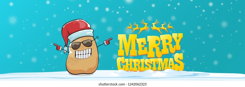vector funky cartoon smiling santa claus potato with red santa hat, falling snow and calligraphic christmas text on horizontal azure background with blur and lights. Horizontal christmas banner 
