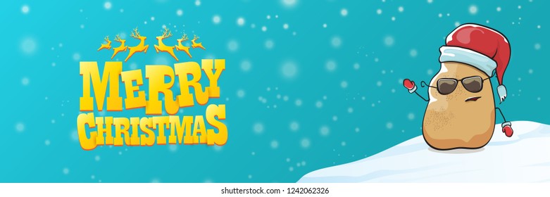 vector funky cartoon smiling santa claus potato with red santa hat, falling snow and calligraphic christmas text on horizontal azure background with blur and lights. Horizontal christmas banner 
